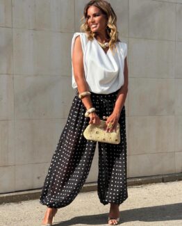 Pantalón bombacho topos negro y blanco