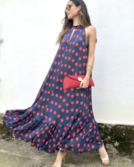 Vestido Triana topos plisado azul con rojo
