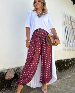 Pantalón bombacho topos Burdeos