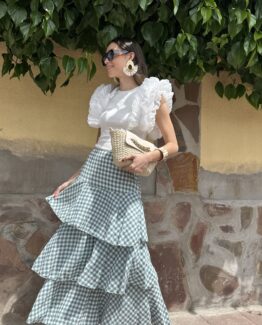 Falda volante cuadro Vichy verde agua